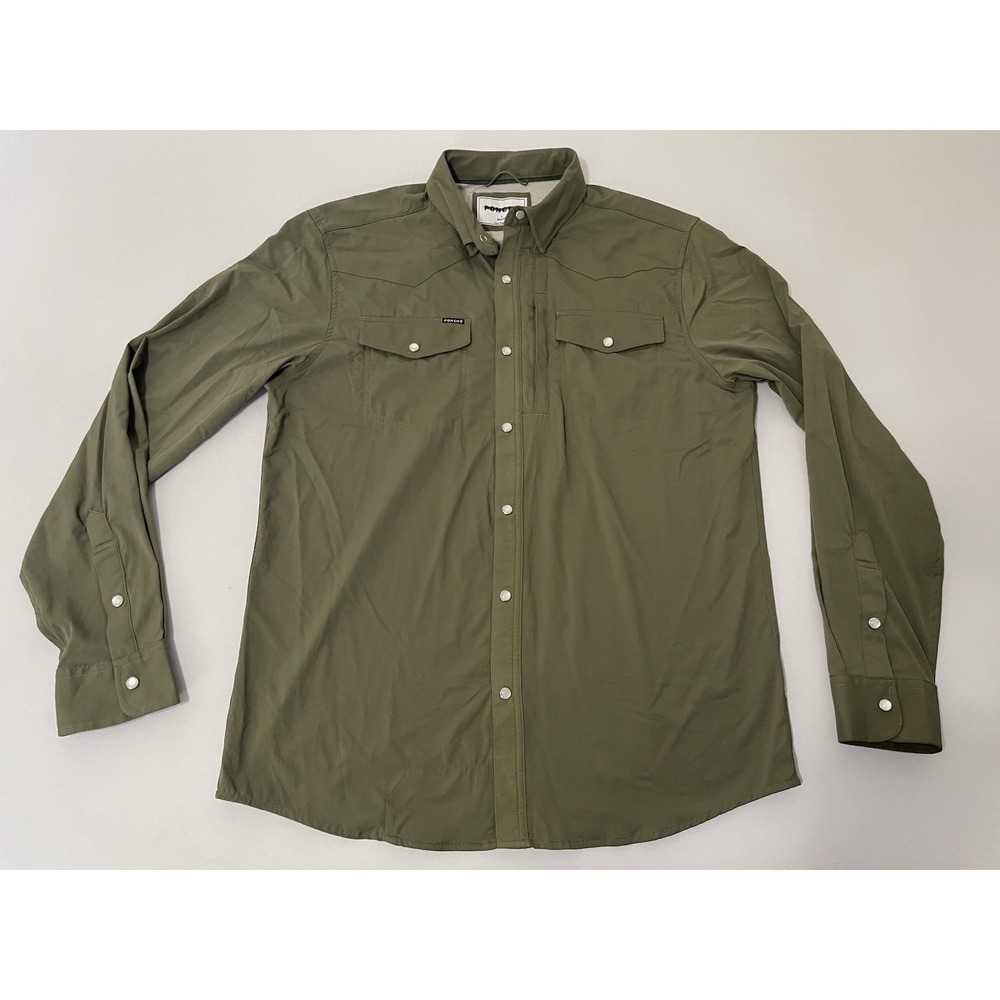Poncho Outdoors The Brazos Western Pearl Snap Green Long Sleeve Large Slim Fit